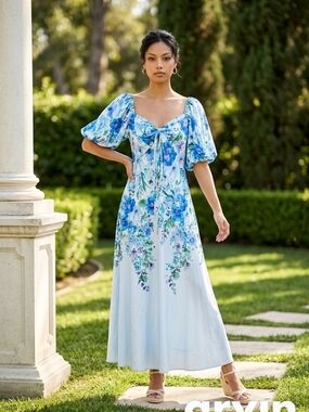 Alex Marie Light Blue Romantic Floral Midi Dress w/Puff Sleeves Women's Sz 8 NWT